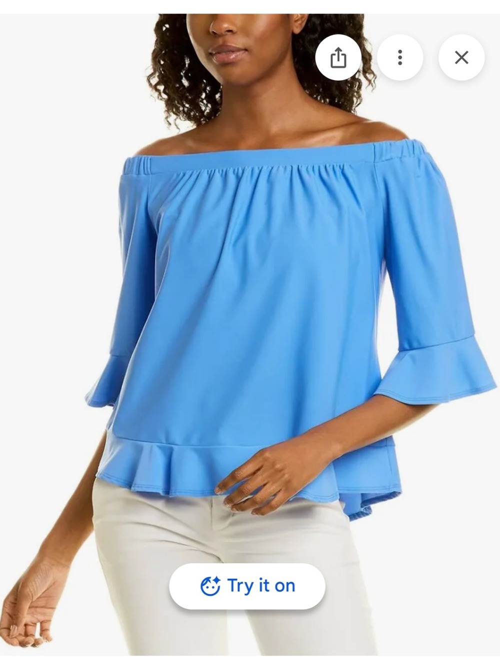 Jude Connally Off-Shoulder Demi Top with Ruffle Trim in Blue, size small